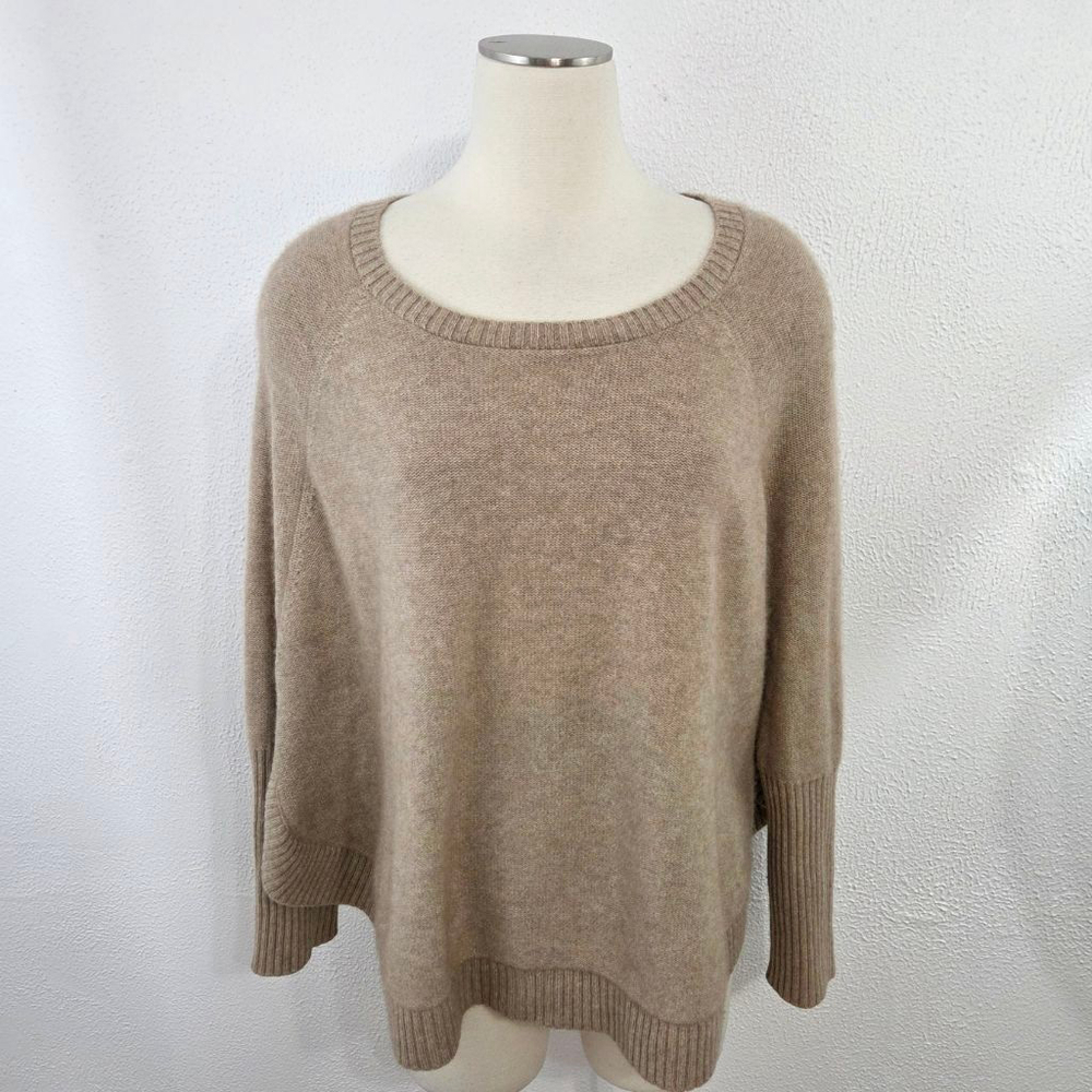 Eileen Fisher cashmere pullover sweater oatmeal tan scoop round hem womens small